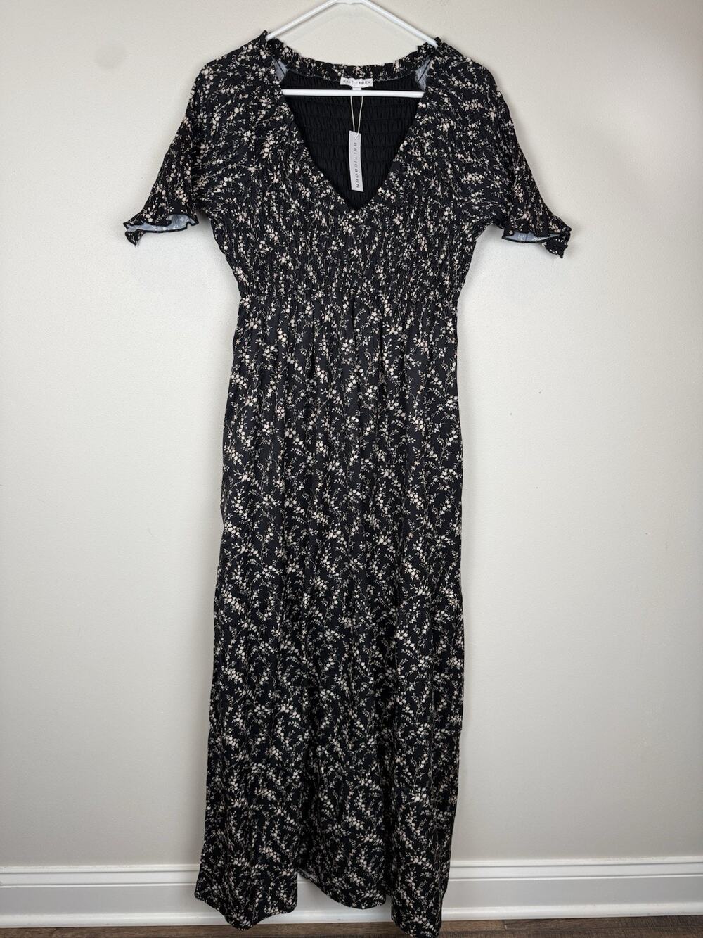 Baltic Born Black Floral Maxi Dress, Ruched Front, Flirty Front Slit
